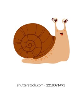 Snail cartoon insect, vector funny kids character. Slug funny crawling with shell and eyes. Cute cochlea, mollusk with single spiral shell