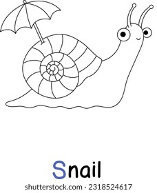 Snail. Cartoon style snail. Snail coloring page. coloring page for kids. snail for s. s letter. s letter learning. alphabet learning.