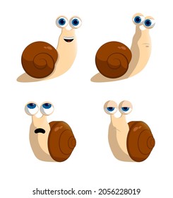 Snail character with different facial expressions. Set of emotional snails.