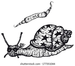 Snail Character/ Illustration of a cartoon sketched snail character riding slowly and banner with time, black isolated on white background