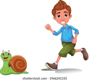 Snail chasing little boy cartoon vector art and illustration