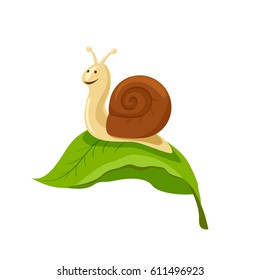the snail is cheerful on the leaf. vector illustration