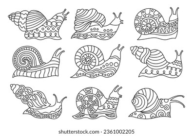 Snail child doodle linear set. Funny baby spiral snails mollusk with cartoon outline ornament. Happy comic slug kid design for banner, flyer poster, postcard, advertising, invitation. Detailed vector