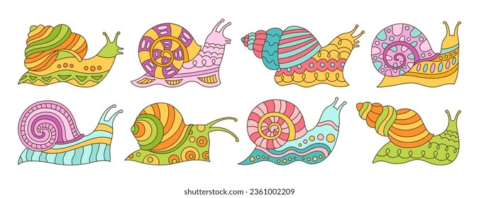 Juego lineal de garabatos para niños. Funny baby spiral snails mollusk con adorno de contorno de dibujos animados. Feliz diseño de niños de baboso cómico para banner, afiche de volante, postal, publicidad, invitación. Vector detallado