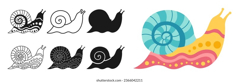 Snail with childish ornament cartoon set. Funny mollusk silhouette shape or symbol, doodle tattoo, stamp or linear ornate snails collection. Happy comic abstract slug design. Detailed child vector