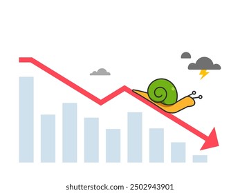 The snail climb down the falling chart. Isolated Vector Illustration