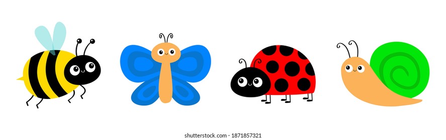 Snail cochlea, bee bumblebee, butterfly, lady bug ladybird flying insect icon set. Cute cartoon kawaii funny baby character. Ladybug. Happy Valentines Day. Flat design. White background. Vector