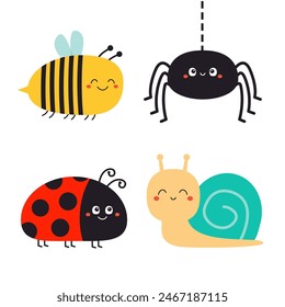 Caracol cóclea, Web de araña, abejorro abejorro, mariquita mariquita vuelo insecto conjunto. Lindo personaje de dibujos animados kawaii bebé divertido. Mariquita. Feliz Día de San Valentín. Diseño plano. Fondo blanco. Vector