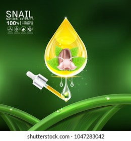 Snail Collagen or Serum and Vitamins Template on Green Background for Cosmetic Packaging Design. 