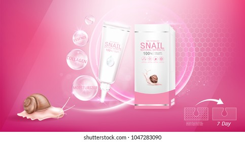 Snail Collagen or Serum and Vitamins Template on Pink Background for Cosmetic Packaging Design. 