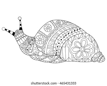 Snail coloring book for adults vector illustration. Anti-stress coloring for adult. Zentangle style. Black and white lines. Lace pattern