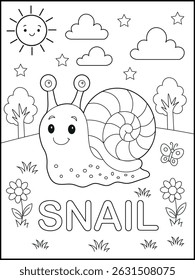 Snail Coloring Page for Kids. Smiling Garden Creature with Word for Children to Learn and Color