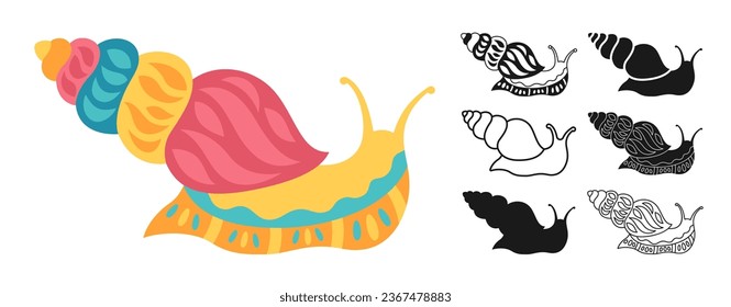 Snail with comic ornament set. Funny mollusk silhouette shape or symbol, doodle tattoo, stamp or linear ornate cartoon snails collection. Happy abstract slug kid design. Detailed child graphic vector