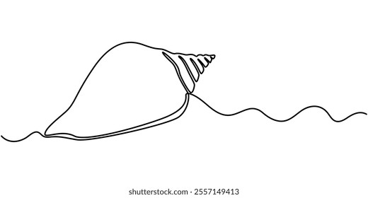 snail conch continuous line vector illustration, Continuous one line drawing of conch snail shell. Seashell symbol and banner of beauty spa and wellness salon in simple linear style. Editable stroke. 