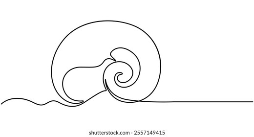 snail conch continuous line vector illustration, Continuous one line drawing of conch snail shell. Seashell symbol and banner of beauty spa and wellness salon in simple linear style. Editable stroke. 