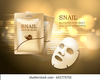 Snail cosmetic ads template, face mask and golden sachet package mockup for ads or magazine. Vector beauty concept.