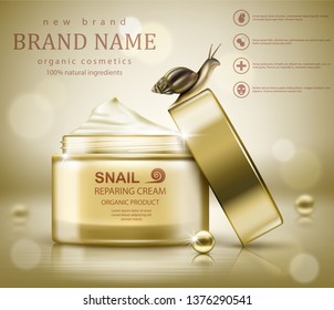 Snail cosmetic packaging design. Vector illustration