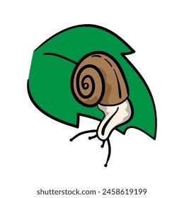 Snail crawling down on a green leaf in hand-drawn style, concept about a rainy season. Isolated vector illustration for print, digital and more design.
