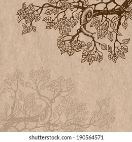 Snail crawling on a branch. Foliage of a tree. Stylized drawing.