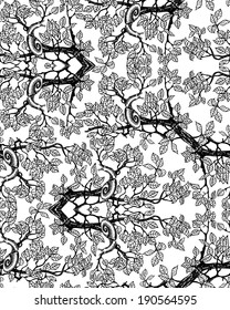 Snail crawling on a branch. Foliage of a tree. Stylized drawing.