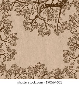 Snail crawling on a branch. Foliage of a tree. Stylized drawing.