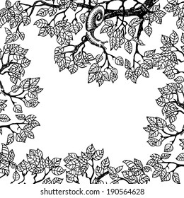 Snail crawling on a branch. Foliage of a tree. Stylized drawing.