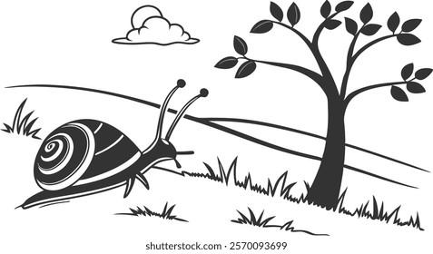 Snail Crawling on a Branch Vector Illustration