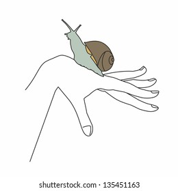snail crawling on his hand