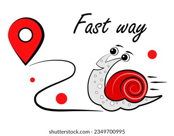 
The snail crawls along the road. Geolocation. Fast way. Vector illustration in doodle style