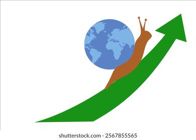 The snail crawls along the upward arrow. The economy of planet earth is rising. Vector simple color flat illustration.