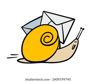 El caracol se arrastra y lleva cartas. El cartero y la correspondencia. Ilustración vectorial de un insecto del servicio de entrega que va a la oficina de correos o al destinatario para entregar un sobre. 