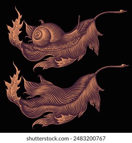 
Snail crawls on a leaf. Editable hand drawn illustration. Vector vintage engraving. Isolated on black background. 8 EPS