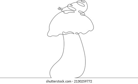 Un caracol se arrastra sobre una gorra de champiñón. Moluscos de gastropod con concha externa.Hongos forestales en la naturaleza.Comida orgánica fresca.Una línea continua.Dibujo continuo de líneas.Fondo blanco aislado de líneas de arte.