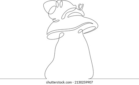 A snail crawls over a mushroom cap. Gastropod molluscs with external shell.Forest mushrooms in nature.Fresh organic food.One continuous line.Continuous line drawing.Line Art isolated white background.