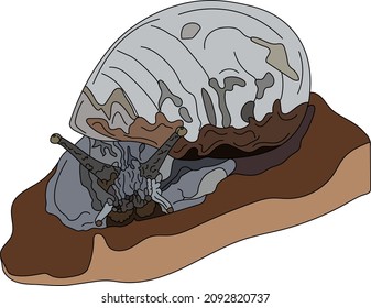El caracol se arrastra por el árbol directamente al espectador. Vista lateral. Ilustración vectorial.
