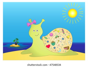 Snail creeps on sandy island, carrying someone gifts on its bowl
