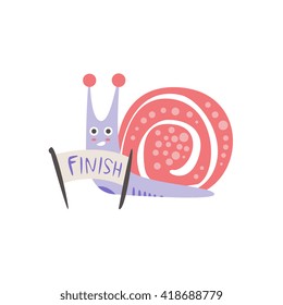 Snail Crossing The Finish Line Creative Funny And Cute Flat Design Vector Illustration In Simplified Mulicolor Style On White Background
