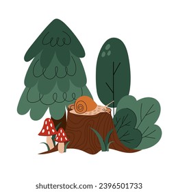 Caracol. Un caracol lindo en un trozo de árboles del bosque de estilo plano. Doodle. Impresión de bebé al estilo escandinavo.