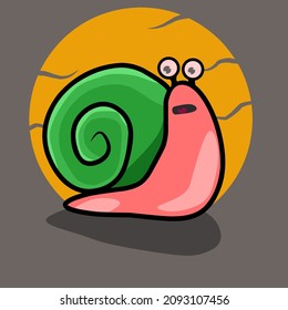 Snail design vector artis illustration, cute and happy. Yellow circle backgroundnya so unique, simple colour, wonderful. 
