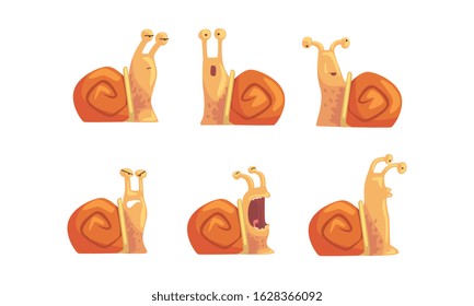 Snail with Different Emotions Collection, Cute Gastropod Mollusk Cartoon Character with Funny Face Vector Illustration