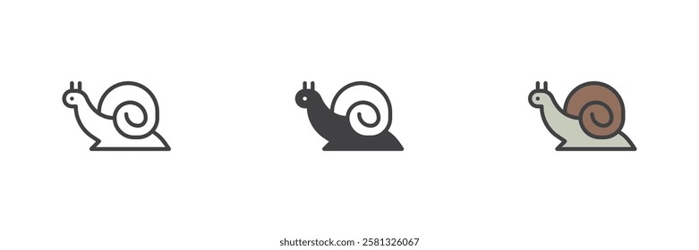 Snail different style icon set. Line, glyph and filled outline colorful version, outline and filled vector sign. Symbol, logo illustration. Vector graphics