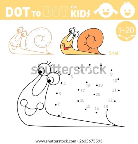 Snail. Dot to dot games for kids. Connect the numbers and drawing a snail. Coloring Book. Puzzle activity worksheet. Sketch vector illustration.