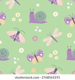 Snail, dragonflies, butterflies seamless pattern. Funny insects in pastel pallette on green background with flowers. Simple hand drawn print on fabric and paper. Vector design for textile, wallpaper.