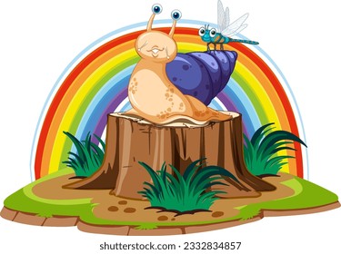 Snail with dragonfly in cartoon style illustration