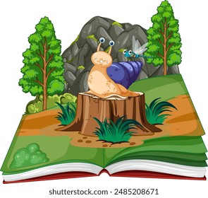 Snail and dragonfly on a tree stump