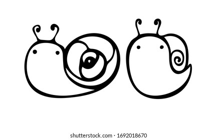 Snail drawn by a line. Set of small, thick, simple snails, doodle style. Print for children's coloring, print for clothes, t-shirts, cups, postcard. Coloring. Vector. Line insect.