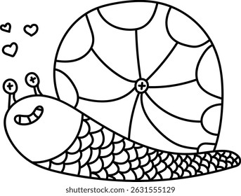 A snail is drawn with a patterned shell and small hearts.  The gastropod has a decorative, outlined body with scale-like details. Cartoon vector illustration