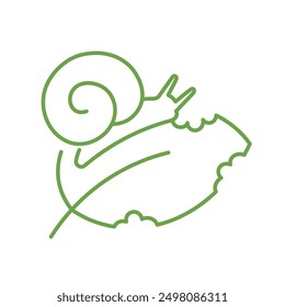 El caracol come hojas. Planta minimalista e iconos de insectos. Vector de trazo de contorno editable.