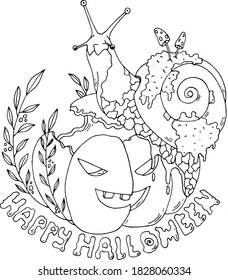 El caracol come calabaza. Halloween blanco-negro.