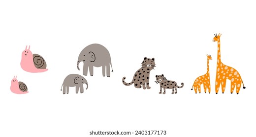 Snail, Elephant, leopard, giraffe animals. Brightly colored childish print. Cute animal for Mother's Day. Colorful kids vector illustration